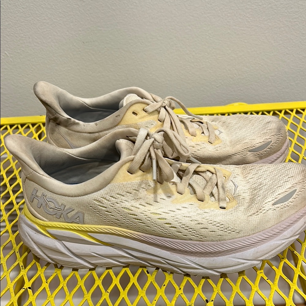 Hoka Cream and Yellow Athletic Shoes with Mesh Upper